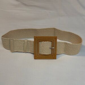 Woven Cream Wide Women’s Belt with Brown Woven Straw-Look Buckle